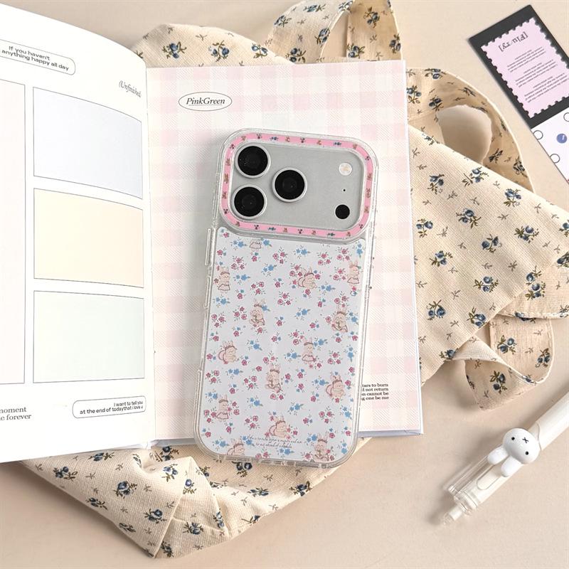 

iPhone 17/16 Pro Max/15/14 Case - Spring Floral Blue & Pink Rabbit Design iPhone 15 Pro