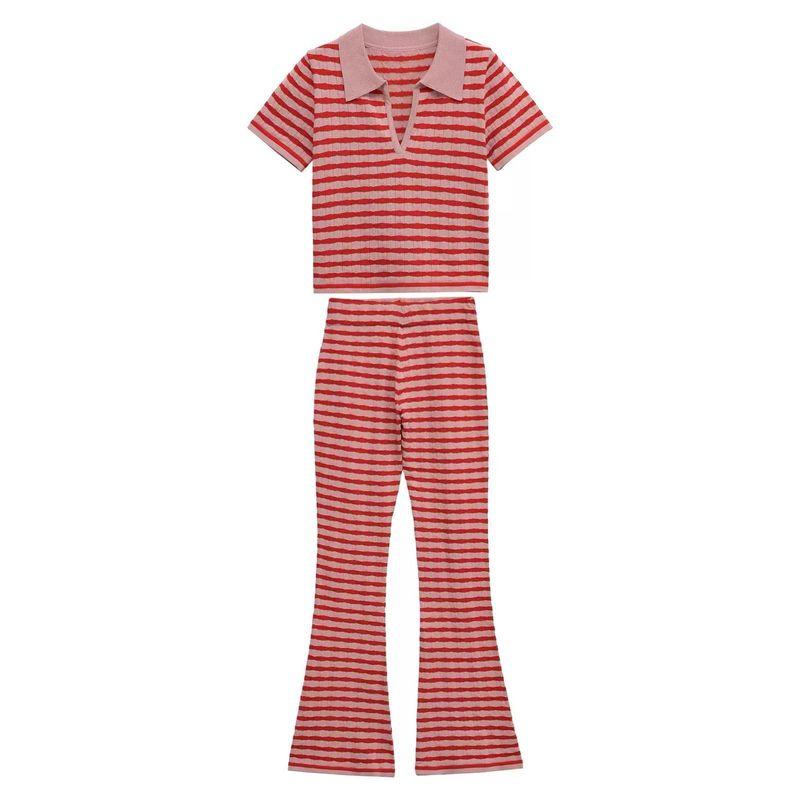 Western Style New Fashion Casual Stripe Top Trousers Set Striped Top and Pants Set