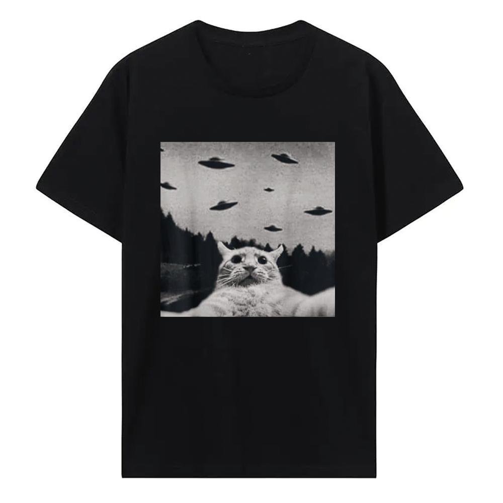 Van Gogh Starry Night Cat T-Shirt Hip Hop 100% Cotton Streetwear New Fashion Casual Tops Tees Classic Fit Cat Lover Neck 51314