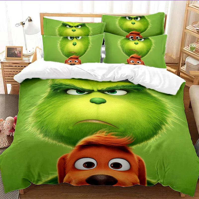 Grinch Zelené Vlasy Séria Trojdielna 3D Digitálna Obliečka na Prikrývku, Brúsna Súprava