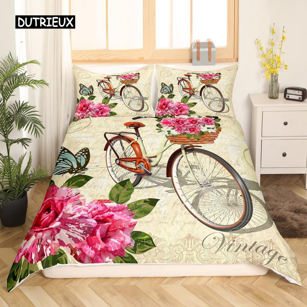 Valentine Day King Queen Duvet Cover Paris Eiffel Tower Bedding Set Pink Watercolor Tulips Flowers Balloon Polyester Quilt Cover