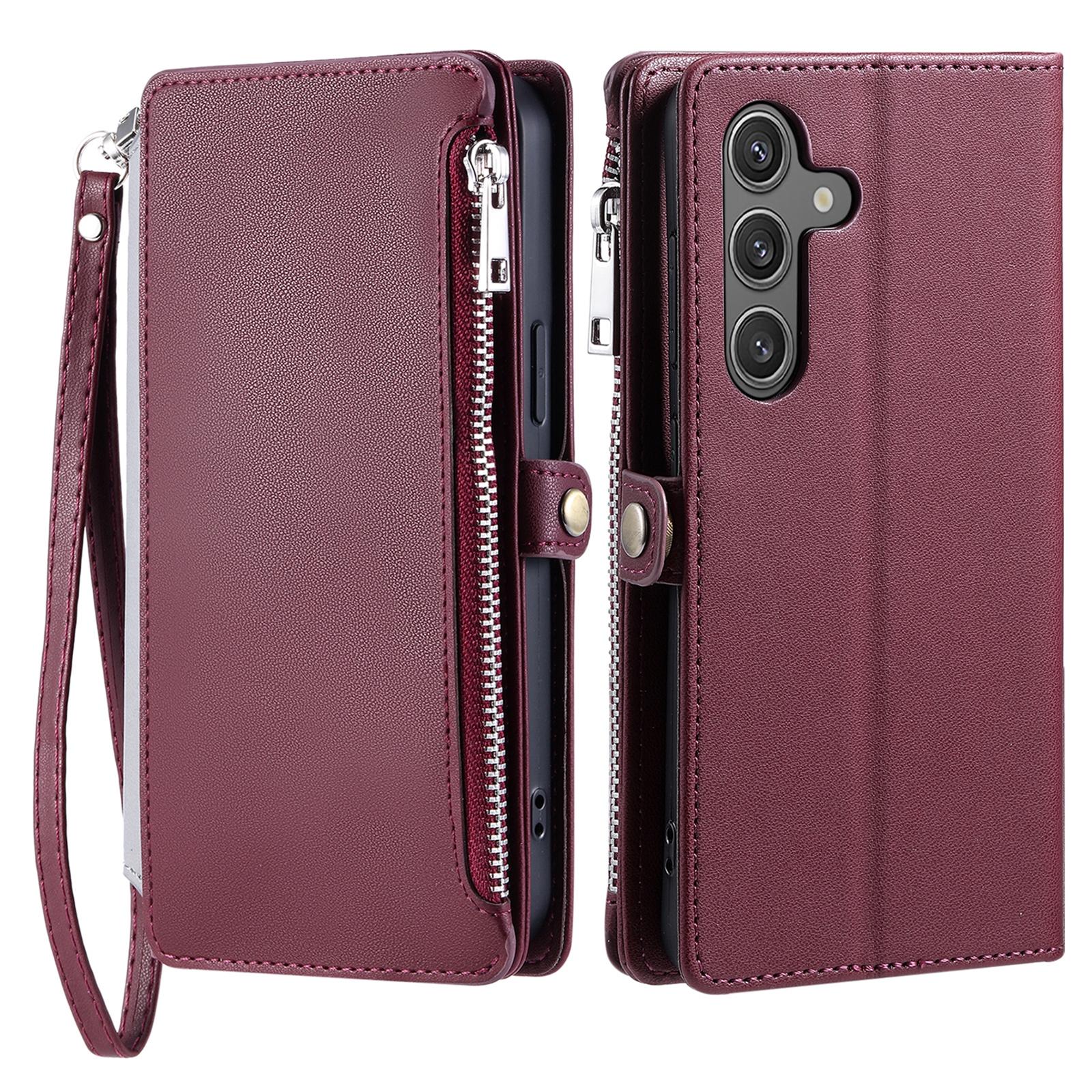

For Samsung Galaxy S25 FE Case TPU+PU Leather Wallet Phone Cover with Wrist Strap Wine Red