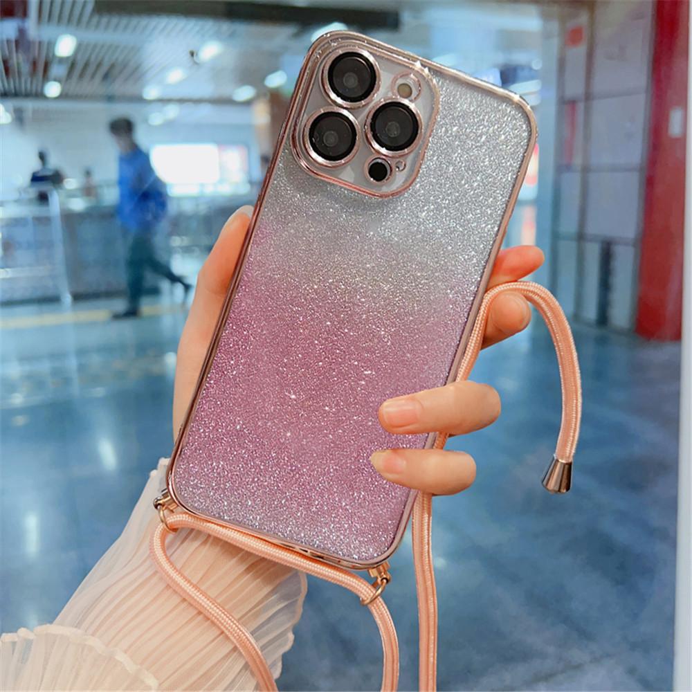 Crossbody Lanyard Gradient Glitter Phone Case For Samsung A05 A15 A25 A35 A55 A14 A24 A34 A54 A13 A23 A33 A53 Soft Plating Cover