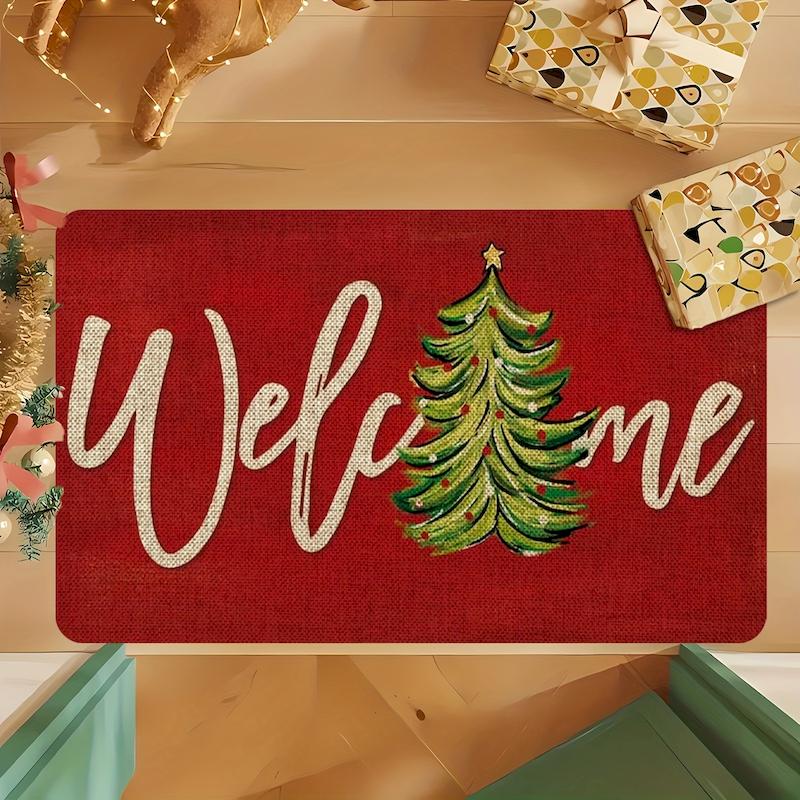 Red Welcome Christmas Door Mat, Christmas Tree Print Soft And Absorbent Floor Mat Indoor Entrance Carpet Home Decoration