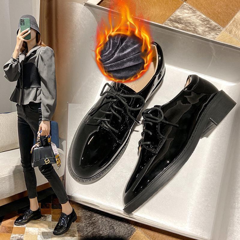 Women's Black Genuine Leather Flat Mid-Heel Shoes - British Style, Soft Bottom, Comfortable for Work, Autumn 2024 Collection