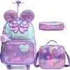 Mädchen Rollrucksack mit Rädern für Kinder Schulkoffer Roller Rucksack Handgepäck Reisegepäck mit Brotdose und Federmäppchen für Mädchen im Alter von 5-12 Jahren
