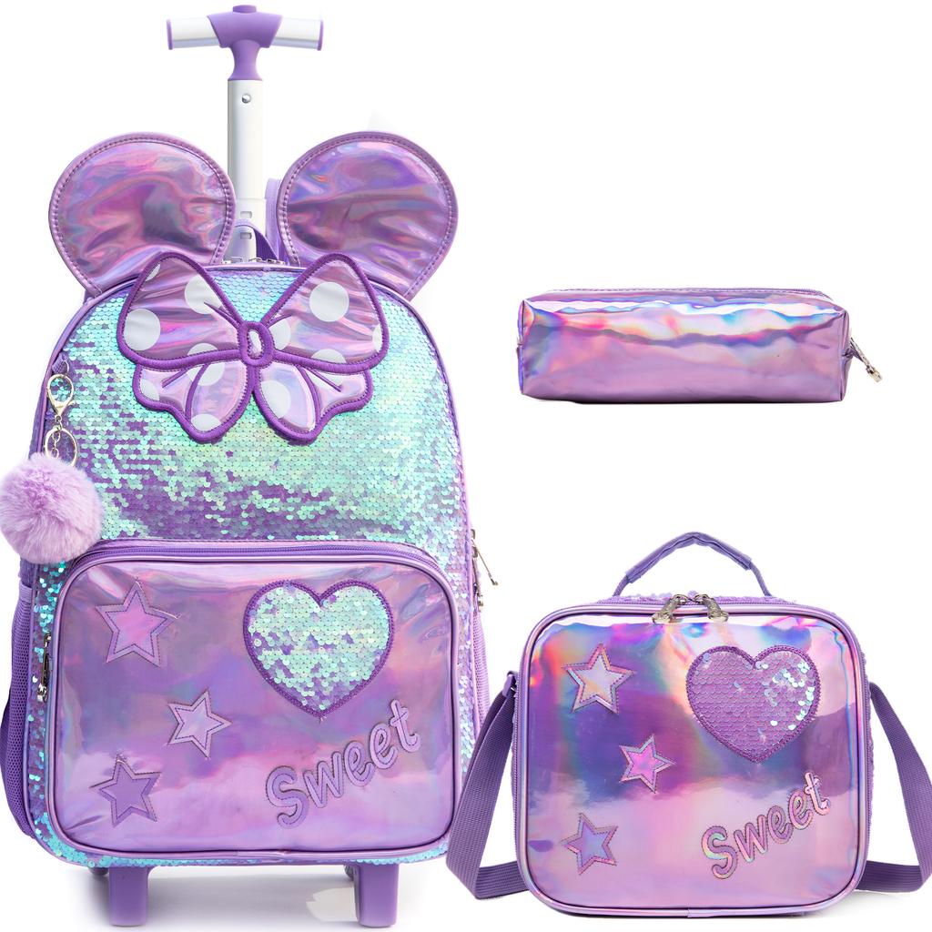 Mädchen Rollrucksack mit Rädern für Kinder Schulkoffer Roller Rucksack Handgepäck Reisegepäck mit Brotdose und Federmäppchen für Mädchen im Alter von 5-12 Jahren