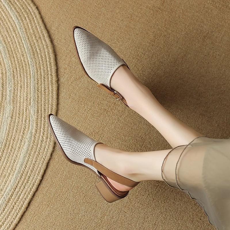 2025 summer sandals women's small hole hole breathable fly woven bag head small fragrant wind word with thick heel pointed middle heel women's shoes