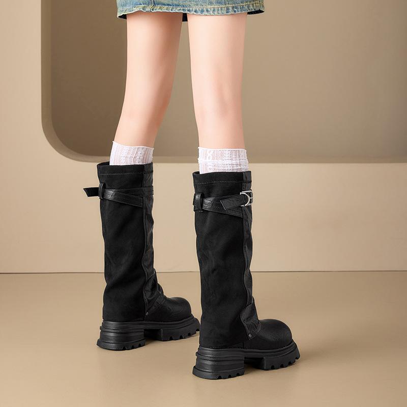 Support Boots Long Boots Women's New Versatile Belt Buckle Pleated Pile Boots Medium Pants Tube Boots