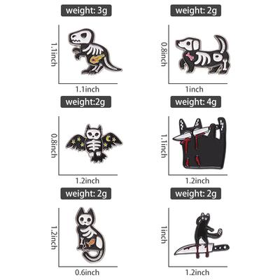Animal Bone Enamel Pins Custom Dino Dog Owl Cat Brooches Lapel Badges Blck Kitten with Blood Knife Jewelry Gift for Friends