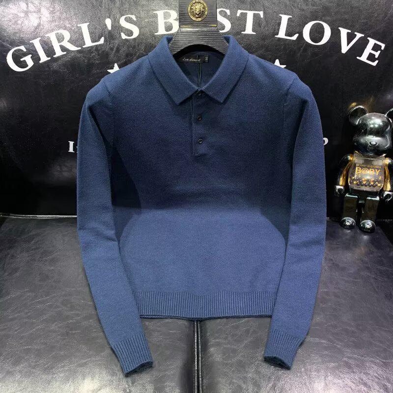 Мужской однотонный вязаный джемпер-поло - Модный базовый слой Осень/Зима 2025 2XL темно-синий