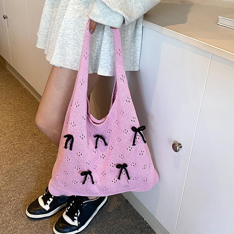 Solid Color Large Capacity Shoulder Bucket Bag Fashionable Knitted Work Commuter Bag Daily Shopper Tote For Women