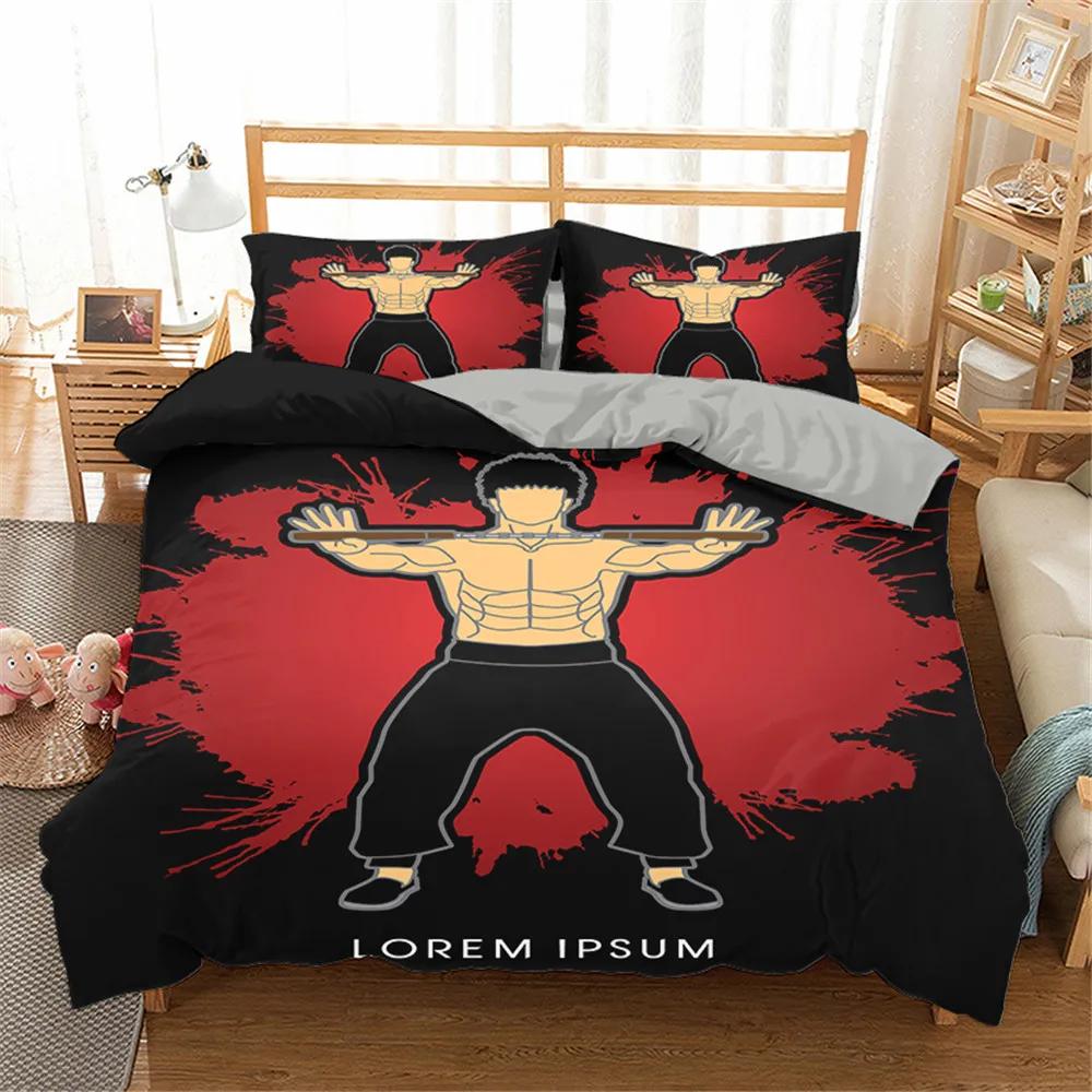 Chinese Kungfu Duvet Cover Black Cartoon Martial Artist Silhouette for Adult Teens Boys China Cultural Theme Bedroom Decoration