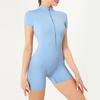 Summer Zip Up Short Sleeve Bodysuit Yoga Clothes For Women Dance Fitness Tight Sports Jumpsuit With Shorts