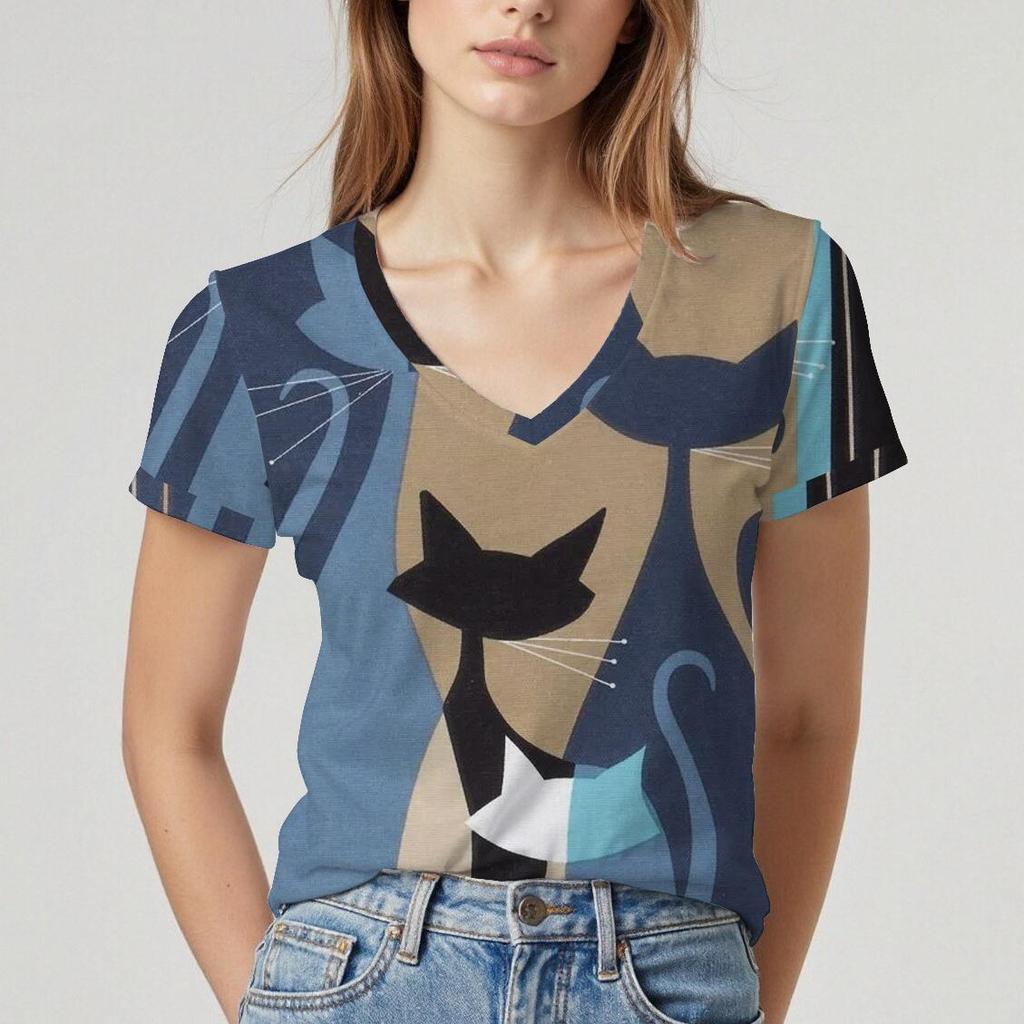 Summer V-neck 3D Cartoon Cat Pattern Printed Top Fashionable Casual Short Sleeved Women's T-shirts