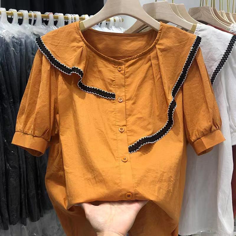 111% Pure Cotton Loose Shirt Women's 1116 Summer New Solid Color Round Neck Ruffle Edge Temperament Versatile Short-sleeved Shirt