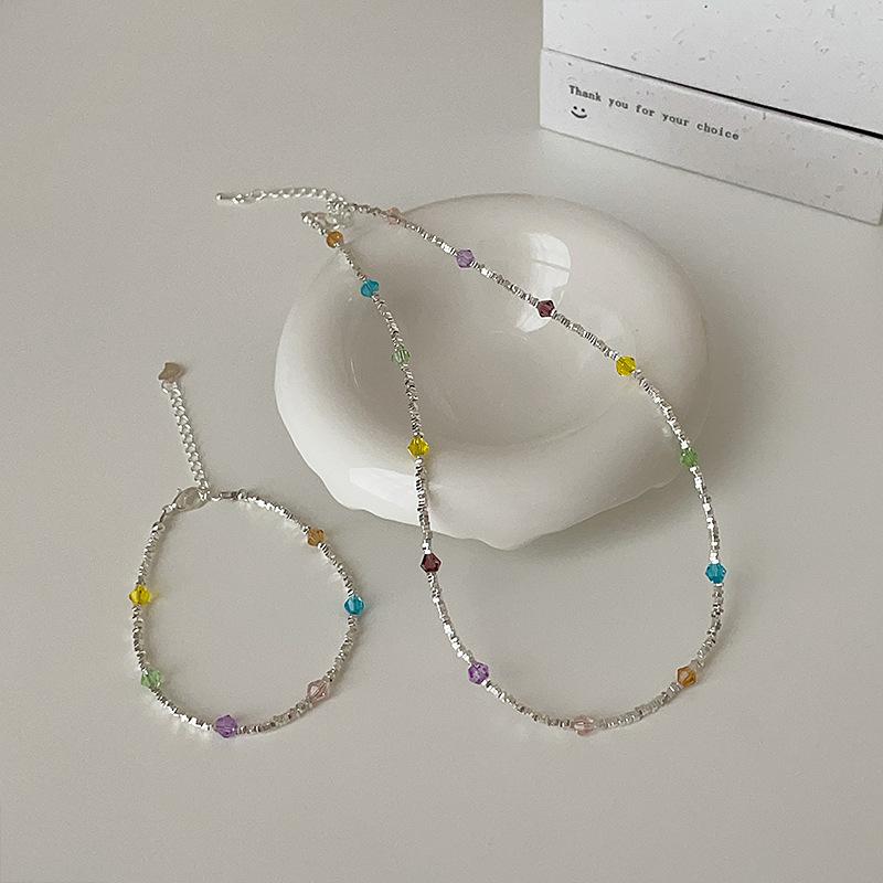 Sweet Colored Crystal Broken Silver Necklace Bracelet Women'S Summer Dopamine Personality Fashion Versatile Neck Chain Collarbone Chain