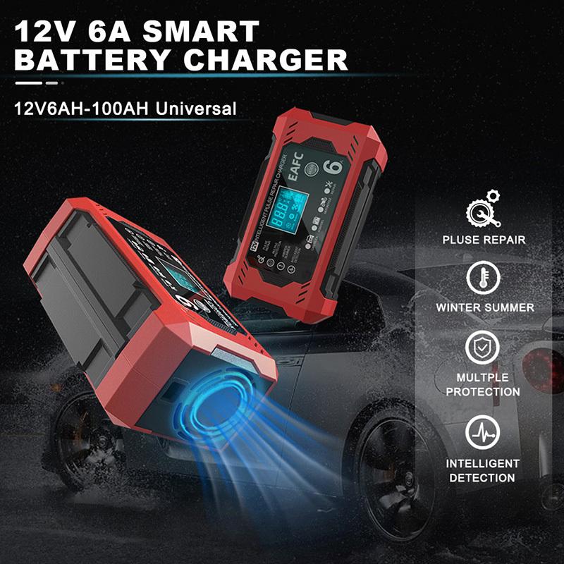 Chargeur de Batterie de Voiture 6A 12V Dispositif de Charge de Batterie de Voiture et de Moto Batterie Plomb-acide Réparation Intelligente Écran LCD