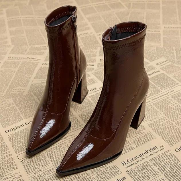 Autumn Womnen's High Heel Ankle Boots New Winter Plus Velvet Pointed Toe Chunky Heel Chelsea Boots for Women Heeled Sheos Dress