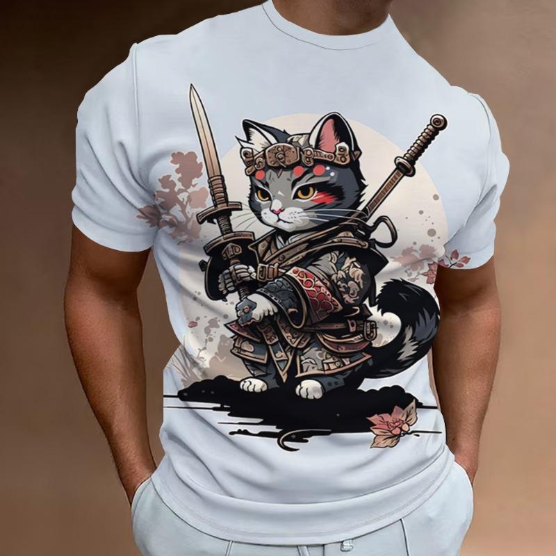 New Retro Men's T-Shirt 3d Samurai Cat Print Short Sleeve T-Shirt For Men Fashion Oversized Man Clothes