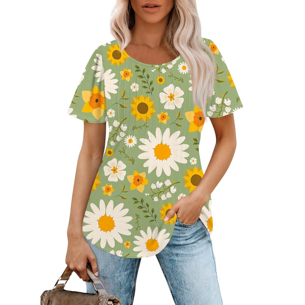 Damen Sommermode Lässig Plissee Rundhals Print Kurzarm T-Shirt Top