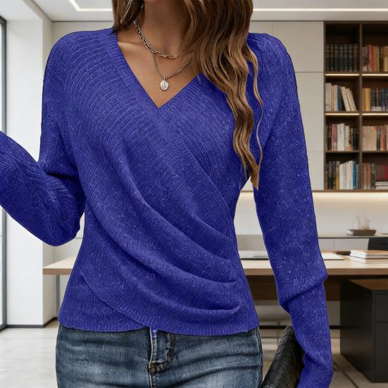 Yousheng Women Sweater V-neck Long Sleeve Loose Fit Casual Spring Tops Solid Color Soft Stretchy Knitting Tops Work Party Vacation Daily Wear