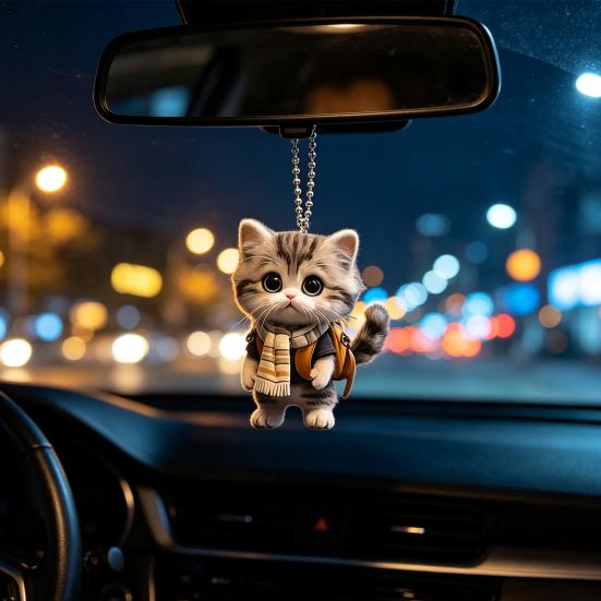 Unique Car Mirror Decoration Cat Acrylic Hanging Decor, Cute 2D Flat Rearview Versatile Pendant for Windows Pendant, Kawaii Keychain Accessories,