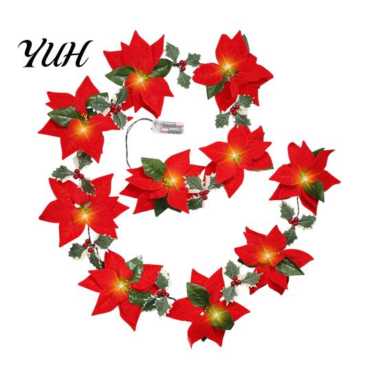 Fireplace Garland Lighting Christmas Poinsettia String Lights, 200/300cm Red Green Floral Garland, Battery/USB Low Voltage LED Operated Indoor Outdoor