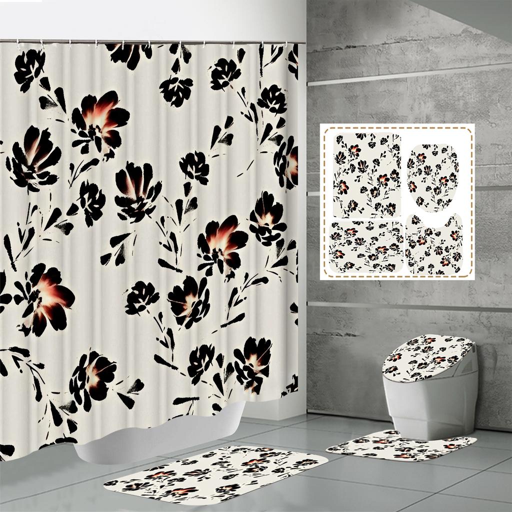 4 buc Seturi Perdea de Duș Cu Perdea de Duș și Covoare Covor Capac Toaletă Covoraș în Formă de U și Covoraș de Baie Set Baie Cu 12 Cârlige