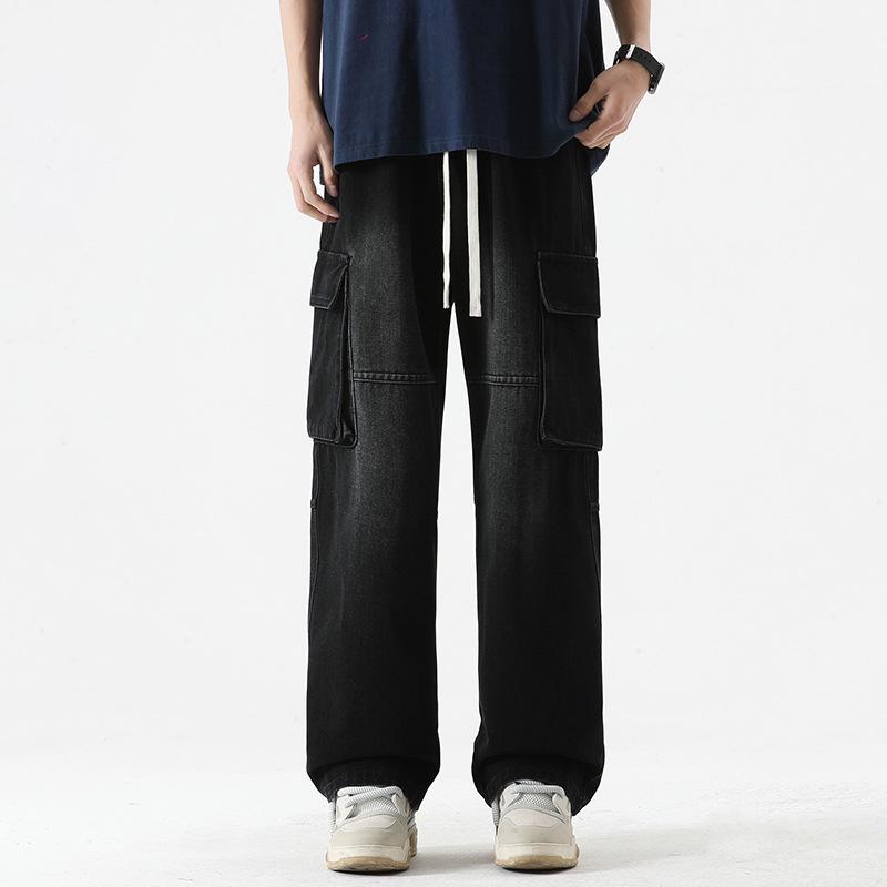 

LKTM Men s Japanese Retro Multi-Pocket Workwear Jeans - Loose Straight Wide-Leg Pants 3XL