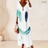 Women Plus Size V Neck Three Quarter Sleeve White Blue Abstract Printed Maxi Dress