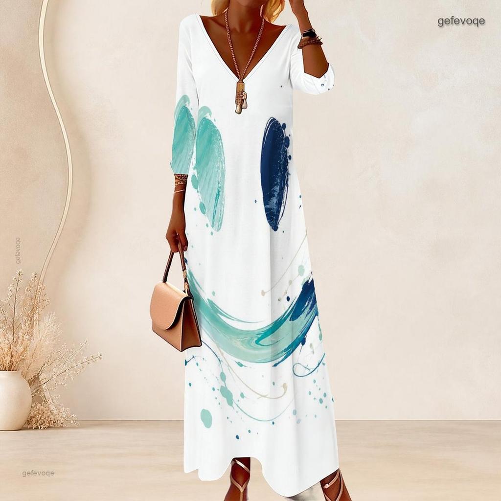 Women Plus Size V Neck Three Quarter Sleeve White Blue Abstract Printed Maxi Dress