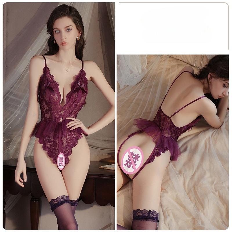 Women’s Sexy Lace Sheer Bodysuit Sweet Pure Style Backless Open-Crotch Lingerie