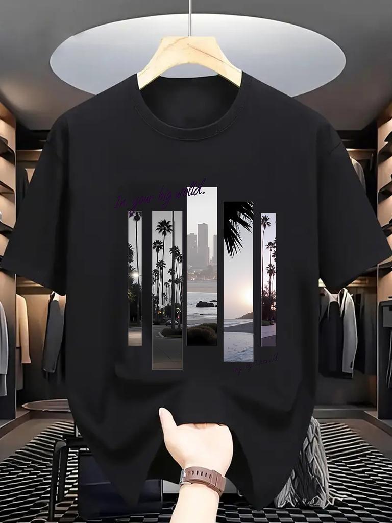 Men's Summer 100 Cotton Fashionable Casual Sports Loose Oversized Creative Letter Printed Round Neck Short Sleeved T-shirt Top