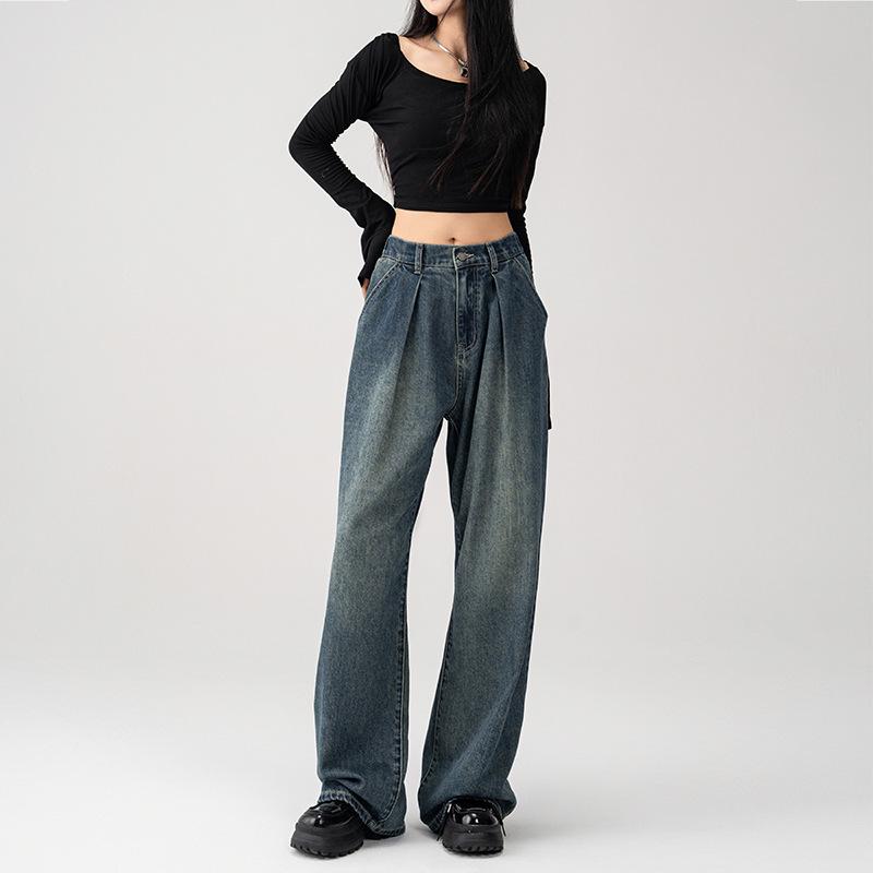 

Spring 2026 Retro Blue High-Waisted Wide-Leg Women s Jeans - Slimming, Flattering, and Floor-Length Medium