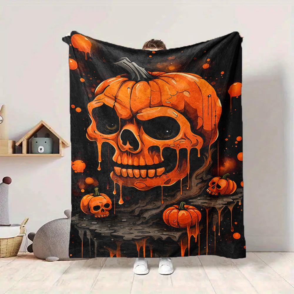 1PC Pumpkin Skull Halloween Decoration Print Blanket, Soft Throw Blanket - Warm & Cozy for Couch, Bed, Office, and Travel Yy250912216