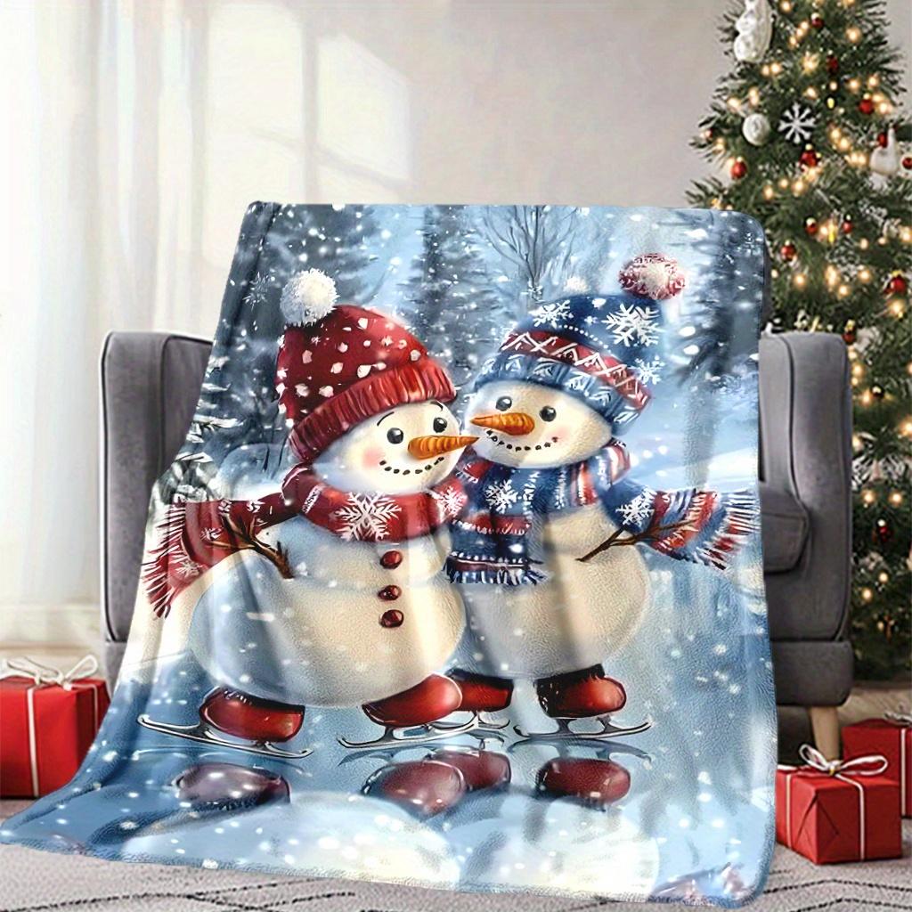 1pc Cozy Christmas Snowman Skiing Blanket - Soft Flannel Throw with Festive Winter Scene, Warm Holiday Gift for Family & Friends