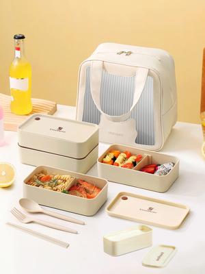 Quadratische Bento-Box mit Thermotasche und Saucenbox Versiegelt Auslaufsicher Lunchbox Mikrowelle Tragbar Obst Lebensmittelbehälter für Kinder