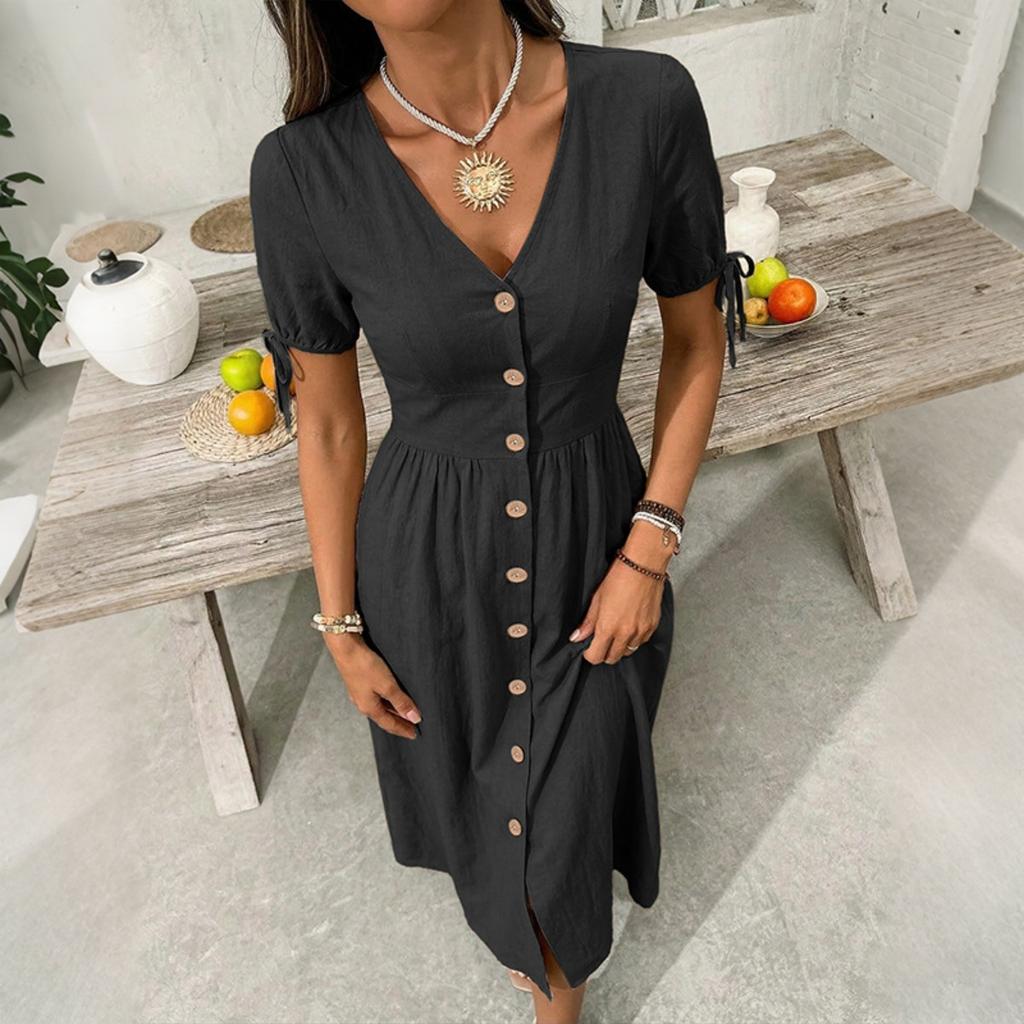 Summer Women's Solid V-neck Short Sleeve Casual Dress European American Style Beach Holiday Vacation Dress