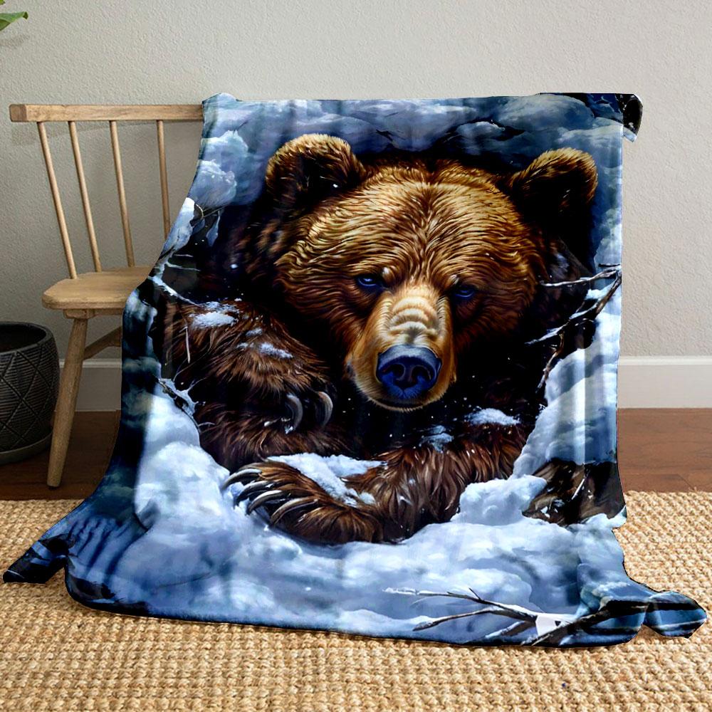 Cozy Brown Bear in Winter Snow Patterned blanket, flannel, suitable for all seasons, home decor, warm and cozy