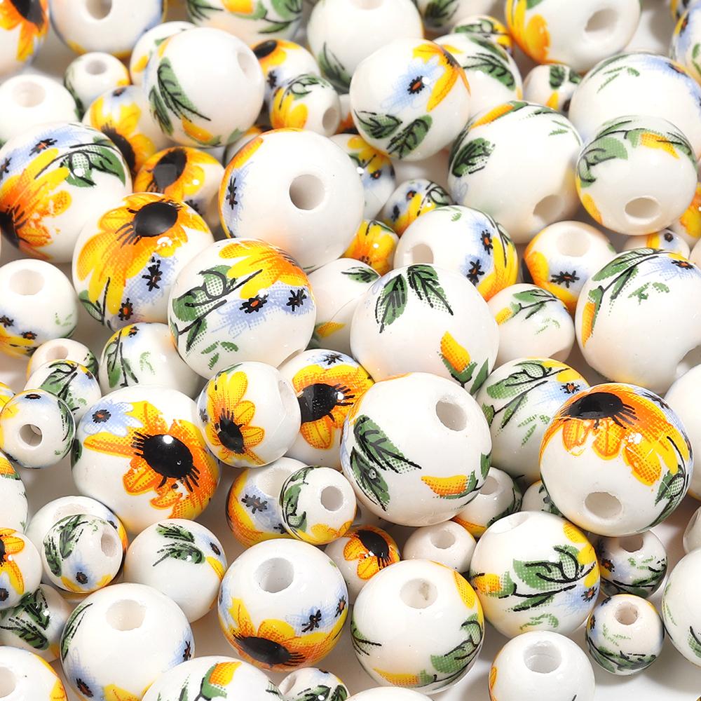 20-30pcs 6/8/10/12mm Ceramic Round Beads Colored Flower Pattern Jingdezhen Porcelain Beads For DIY Bracelet Necklace Accessories