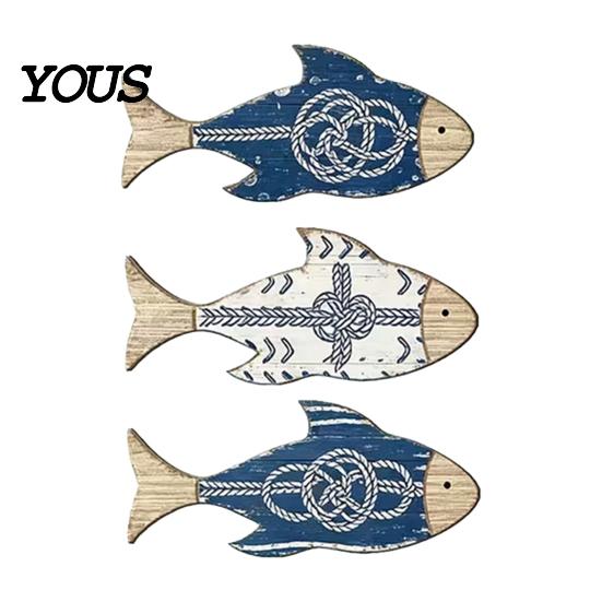 Beach House Wall Ornaments 3Pcs/Set Wooden Fish Decor, Nautical Knot Print Decorations, Coastal Vacation Home Decor Style Art for Bathroom Bedroom