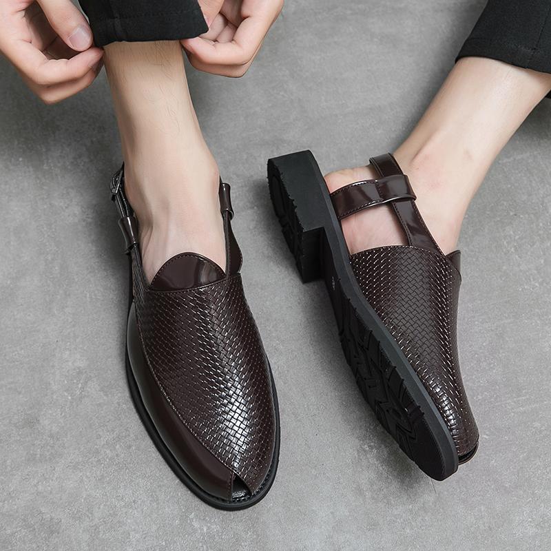 Fashion Men Classic Woven Leather Sandals PU Black Brown British Summer Breathable European and American Buckle Sandals 38-47 Men Sandal