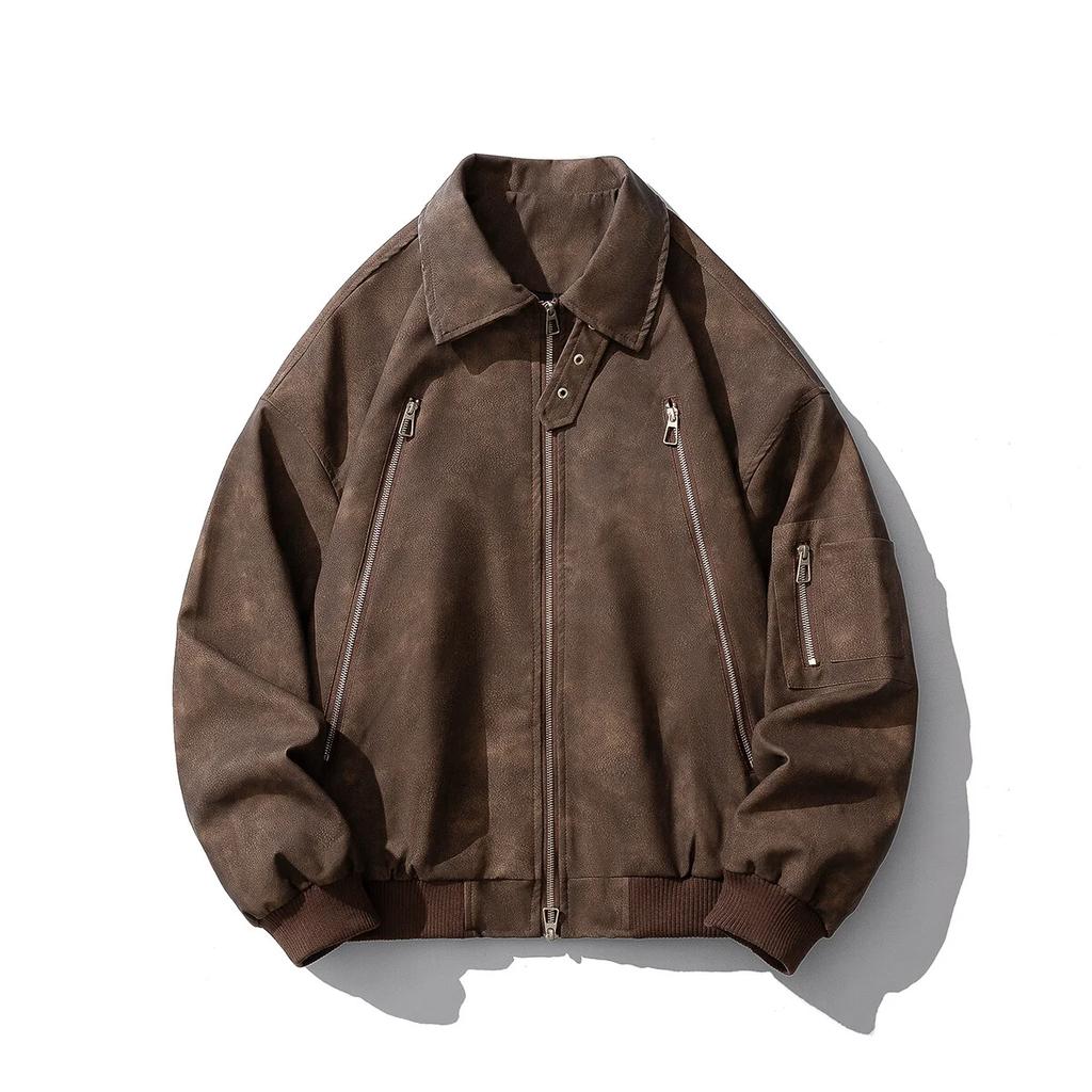 2026 Spring Men Retro Faux Leather Jackets Mens Loose Pu Motorcycle Leather Jacket Autumn Youth Fashion Dyed Workwear Coats