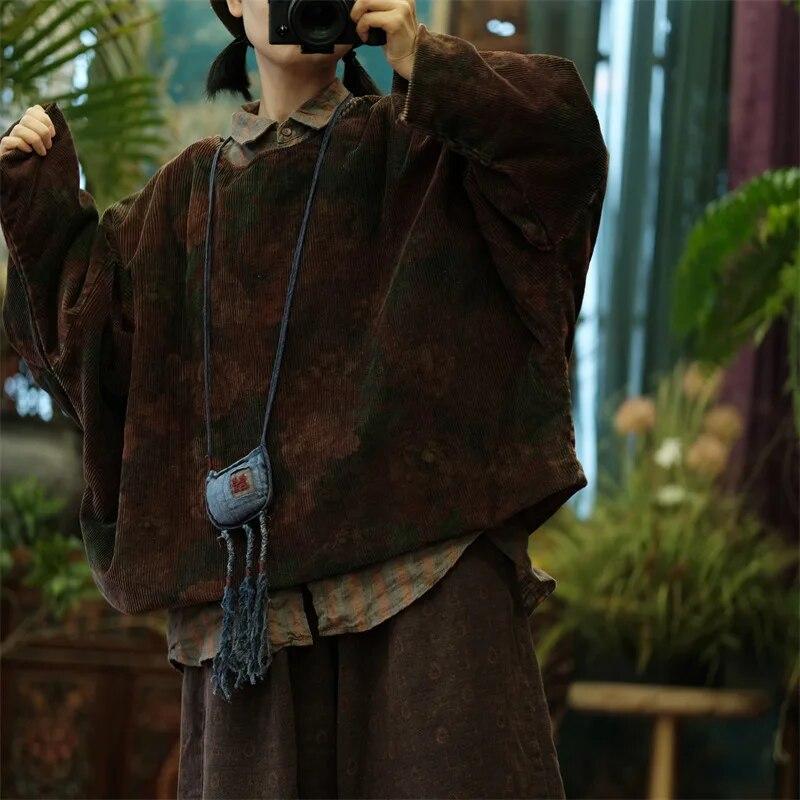 Johnature Dámský vintage květinový manšestrový zimní svetr s dlouhým rukávem a výstřihem do O-neck