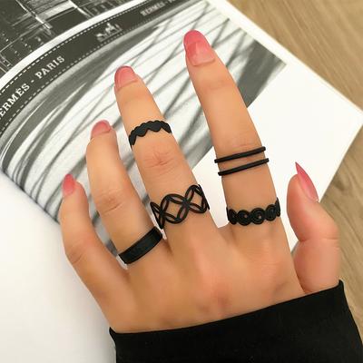 Set de inele negre simple și la modă pentru femei Inele deschise geometrice cu personalitate