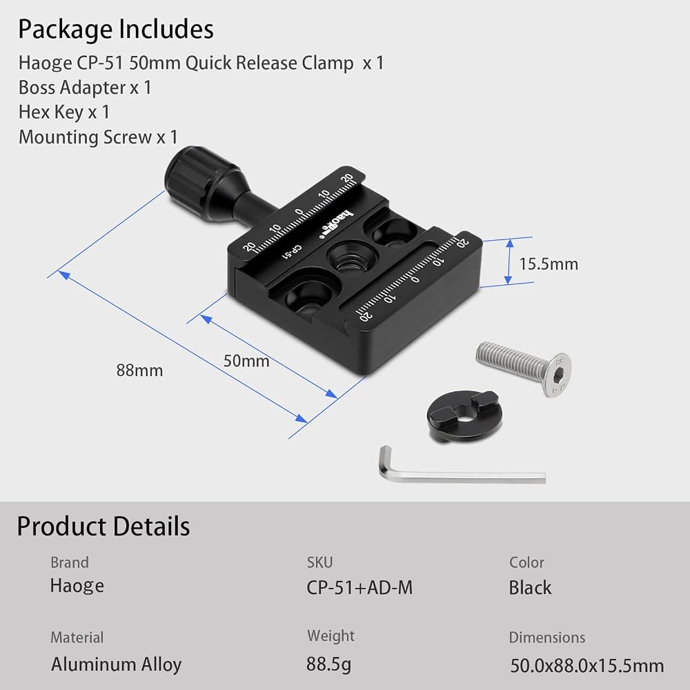 Haoge Combo Boss Adapter with CP-51 50mm Arca-Swiss Compatible Quick Release Clamp for Manfrotto Tripod Ball Head Clamp Replacement