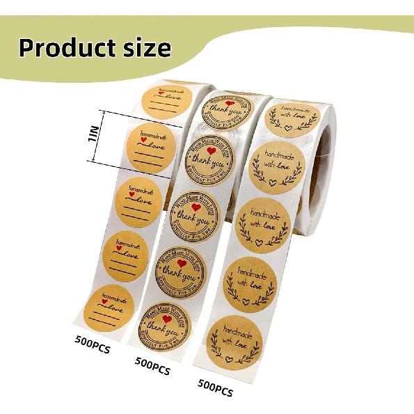 Handmade Stickers Set (1500PCS) - 1 Inch Kraft Thank You & Love Labels for Baking, Gift Packaging, Small Business - Self-Adhesive Eco-Friendly