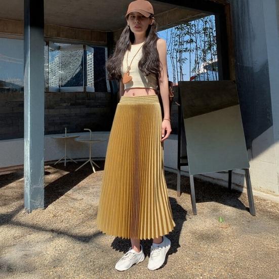 

Maxi Skirt High Waist Glossy Long Skirt Solid Color Pleated Design Large Hem Dance Skirt