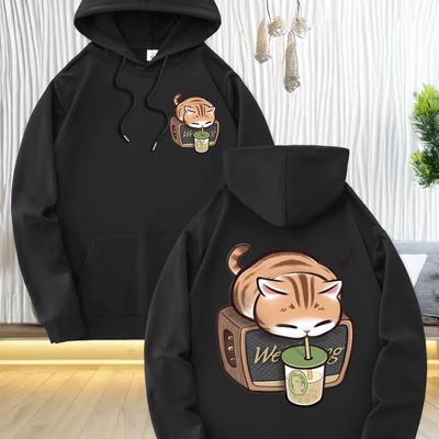 2025 Pieces of Men's Fashionable Hooded Shirts, Featuring Cute Sleeping Cat Prints, Soft Polyester Fabric, Front Pouch with Kang